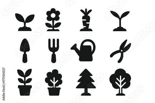 Vector garden icon collection. Minimalist silhouettes of gardening tools, plants, and trees. Set includes seedling, flower, carrot, trowel, fork, watering can, and shears.