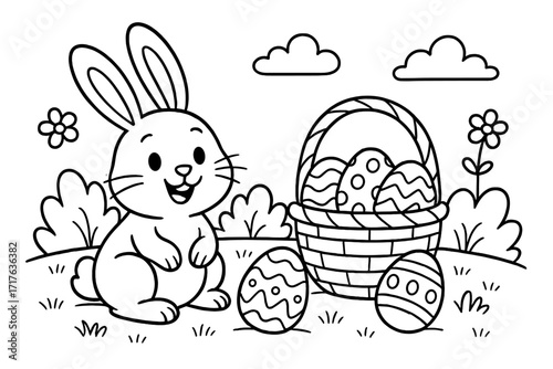 Easter coloring page. Kids activity. Cute bunny rabbit. Basket with decorated eggs. Spring holiday scene. Nature background. Cartoon vector illustration. Black and white outline.