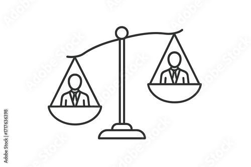 Election balance concept. Political candidates on scales of justice. Weighing choice, vote decision. Democracy, government debate. Equality vs inequality. Law, legislation icon.