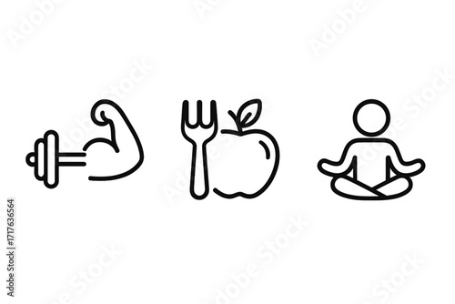 Wellness icon set for a healthy lifestyle. Line art symbols for fitness, nutrition, and mental health. Vector of dumbbell, diet food, and yoga meditation for a balanced life.