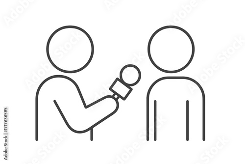 Journalistic interview vector icon. Reporter with a microphone character interviewing a person. Thin line illustration for media, news, reporting, broadcast, press conference, podcast.