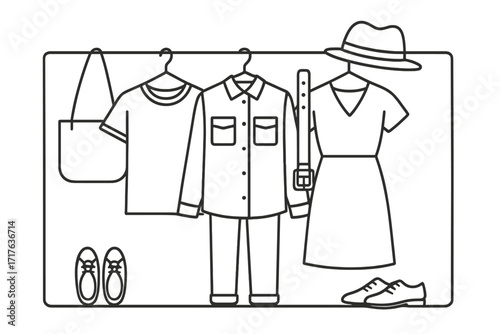 Minimalist line art of a capsule wardrobe with clothes on hangers. Organized closet with fashion apparel sets. Vector illustration for personal styling, shopping or decluttering.