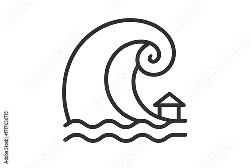 Tsunami icon water wave disaster symbol. Ocean tsunami wave with house. Natural disaster concept in linear black style, vector cartoon illustration, transparent background, coastal flood hazard