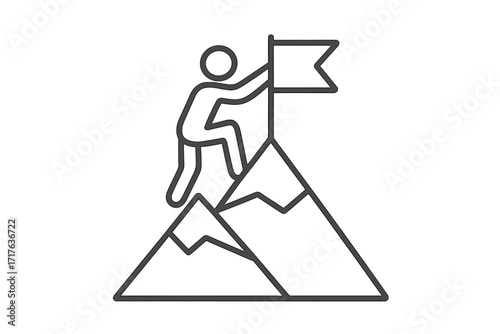 Man on top of a mountain with a flag. Symbol of success, achievement, and reaching a goal. Business concept of leadership, victory, and growth. Vector line icon illustration.