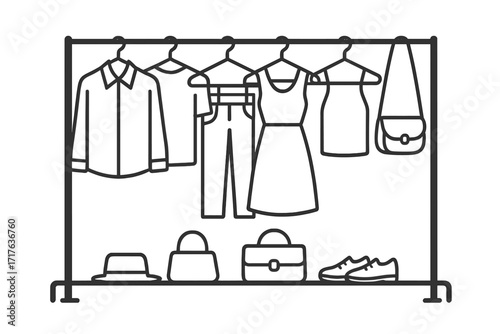 Fashion clothes on a hanger rack. Minimalist line art vector icon set. Wardrobe with apparel, dress, shirt, pants & accessories. Closet organization, boutique shopping concept.