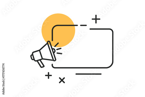 Coming soon announcement with megaphone. Modern promotion text box frame. Minimal vector graphic design for marketing and advertising. Loudspeaker alert message background.