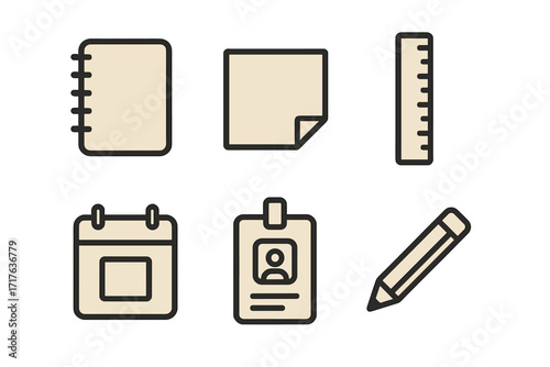 Minimalist office icons set. Vector cartoon illustration of notebook, pencil, ruler, calendar, ID badge, sticky note. Business supplies, workplace tools and stationery elements.