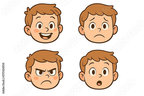 Boy face expression set with happy, sad, angry, surprised emotions. Child character head with different feelings. Cute kid avatar icon collection for design. Vector illustration.