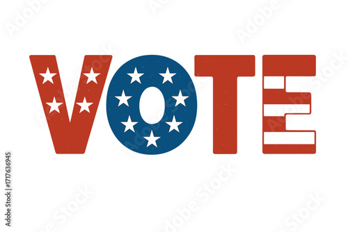 Vote USA election vector. American flag typography design. Patriotic concept for politics. Presidential and midterm election campaign. Stars and stripes voter registration icon.