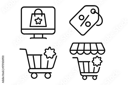 Online sale icon set with shopping cart, discount tag, computer screen shopping bag and storefront awning, linear style vector illustration for e-commerce, retail, shopping concept