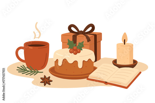 Winter homely concept with homemade Christmas cake, gift and hot tea. Cozy Xmas or New Year celebration flat vector illustration. Festive table with book, candle and spices.