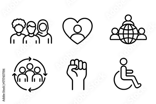 Diversity and inclusion line icon set. Vector symbols for equality, community, and social rights. Illustrations for multiculturalism, disability, protest, global unity and teamwork.