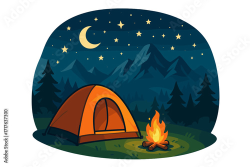 Camping night landscape with tent and bonfire. Adventure in mountains. Summer travel. Outdoor recreation concept. Wilderness vacation scene with starry sky, moon, forest. Vector cartoon illustration.