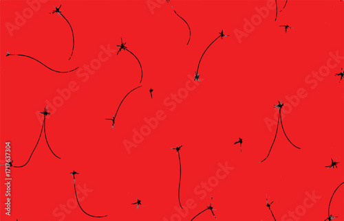 Abstract seamless vector pattern with chaotic black flying shapes on a vibrant red background, a minimalist and dynamic graphic design
