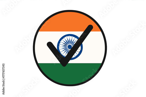 Vote India general election vector badge. Political pin button with Indian flag and check mark. Democracy icon for ballot, choice, patriotism. Voting campaign concept symbol.