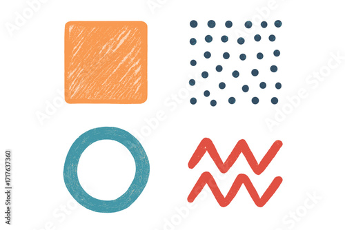Simple abstract geometric hand drawn irregular patterns set, cute colorful doodle textures with lines, dots, zigzag shapes, square poster vector collection, creative design elements