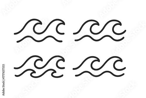 Wave icon set with tsunami and ocean waves, linear style vector illustration, cartoon minimal design, transparent background, water symbols collection