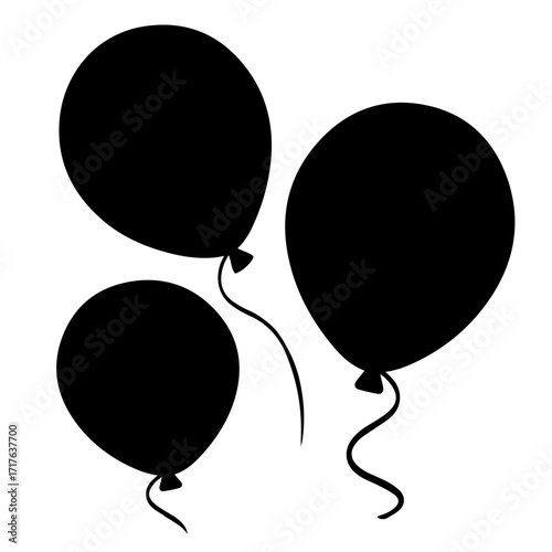 Three black balloons floating with curly strings creating a festive and celebratory atmosphere design