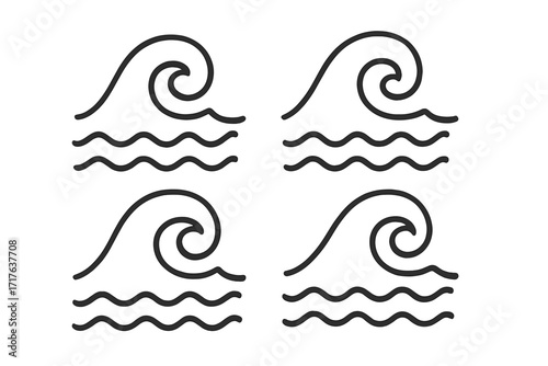 Abstract wave line art vector illustration, water symbol in smooth continuous line style, minimalistic fluid design, transparent background, ocean element, modern graphic set