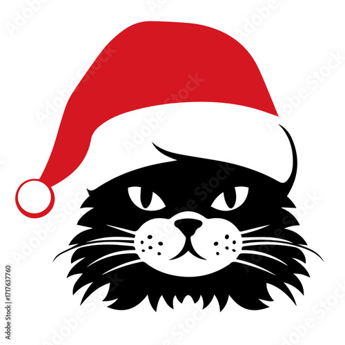A black cat wearing a red santa hat with white trim and a white pom pom on a white background image
