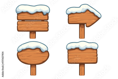 Wooden signboard symbol in winter style, cartoon vector illustration, transparent background, seasonal wood texture, rustic frame, outdoor signage, decorative cold weather element
