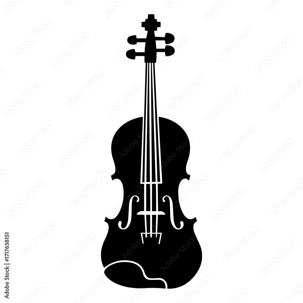 Fototapeta premium Silhouette of a classical violin with strings and tuning pegs in a simple black and white illustration