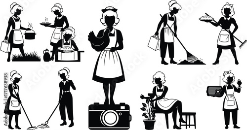 Black and white vector illustrations of vintage housewife performing domestic tasks, stylized silhouettes for retro lifestyle or storytelling themes