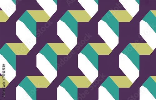 Abstract seamless geometric pattern with interlocking angular shapes creating a retro 3D illusion on a purple background. Vector graphic design
