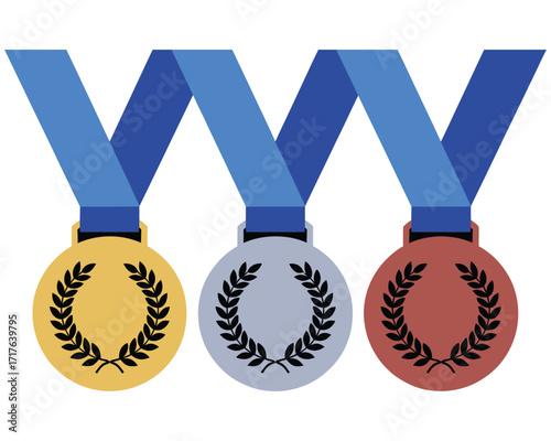 An isolated vector illustration of three distinct champion medals for first, second, and third place winners, featuring gold, silver, and bronze