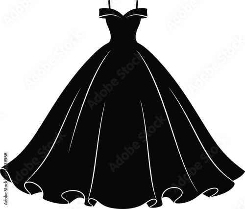 Black vector illustration of elegant ball gown with sweetheart neckline and pleated skirt, ideal for fashion, couture, or formal themes