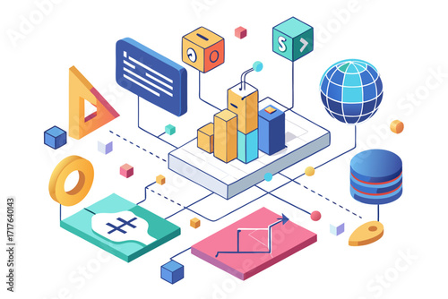 Creative 3D illustration showing software development, programming code windows, debugging tools, and colorful tech icons. Perfect for concepts related to coding, web development, app design, artifici