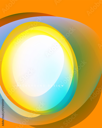 Abstract vibrant layers create circular design. Orange, yellow, blue hues blend smoothly. Modern background element for projects.