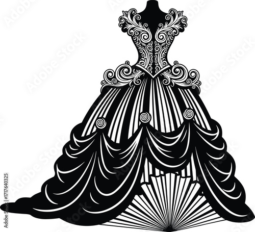 Black vector illustration of ornate ball gown with floral and scrollwork detailing, ideal for historical fashion or costume design themes