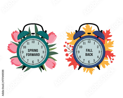 Daylight Saving Time Illustration Clocks with Spring Forward and Fall Back Concepts