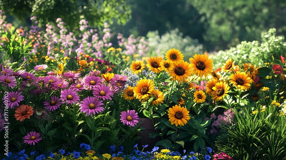 Fototapeta premium Golden sunflower field landscape under bright sunshine high resolution picture