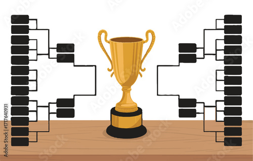 Golden championship trophy with blank tournament brackets, symbolizing fierce competition, strategic planning, and the ultimate journey towards victory and triumph