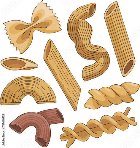 Isolated a kinds of deferent pasta vector art with white background.