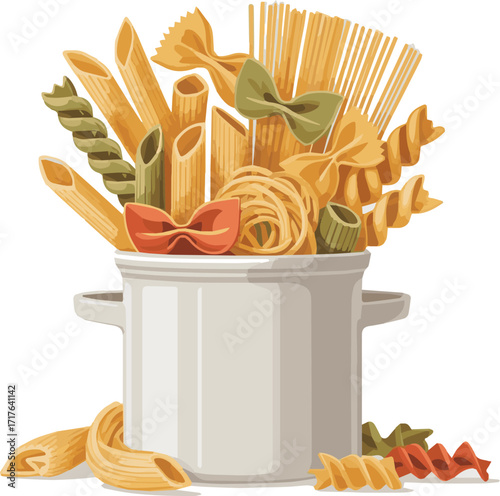 Isolated a kinds of deferent pasta in a pot vector art with white background.
