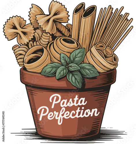 Isolated a kinds of deferent pasta in a pot vector art with white background.