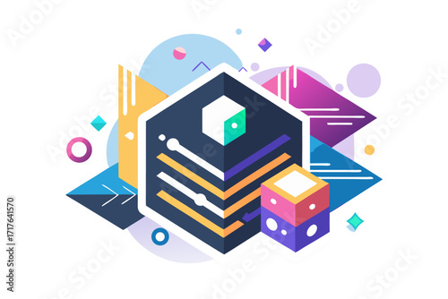 Creative 3D illustration showing software development, programming code windows, debugging tools, and colorful tech icons. Perfect for concepts related to coding, web development, app design, artifici