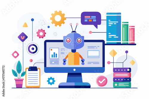 Creative 3D illustration showing software development, programming code windows, debugging tools, and colorful tech icons. Perfect for concepts related to coding, web development, app design, artifici