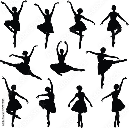 Set of eleven black silhouette illustrations of ballet dancers in classical poses, vector design for dance, art, or education themes