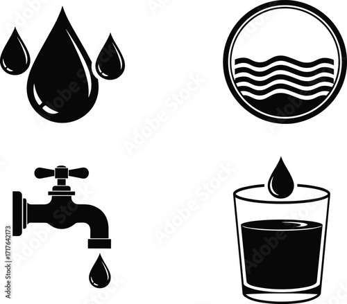 Set of four black and white water icons including droplet, faucet, glass, and wave symbol, vector illustration for eco design
