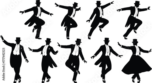 Set of nine black silhouette illustrations of man in top hat and tuxedo performing dance poses, vector design for vintage themes
