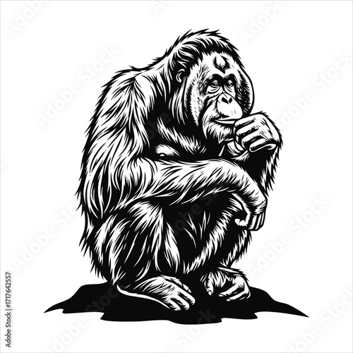 Monochrome vector artwork of a thoughtful orangutan primate sitting, a detailed ape illustration