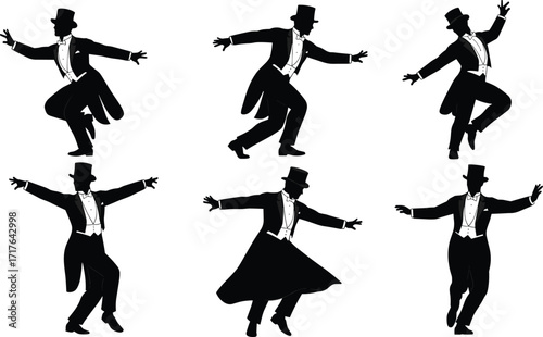 PrintSet of six black silhouette illustrations of dancer in tuxedo and top hat, vector design for theatrical or ballroom themes