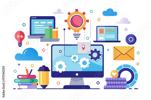 Creative 3D illustration showing software development, programming code windows, debugging tools, and colorful tech icons. Perfect for concepts related to coding, web development, app design, artifici