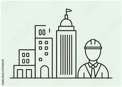 Building with gear and engineer line art vector