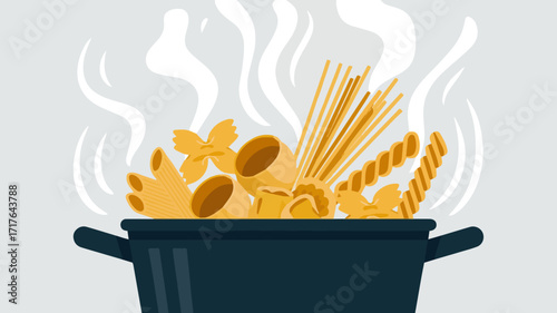 Create a kinds of deferent pasta in a pot vector art with white background.