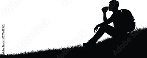 Silhouette of person sitting on grassy slope with backpack, drinking and resting, black and white vector outdoor solitude illustration